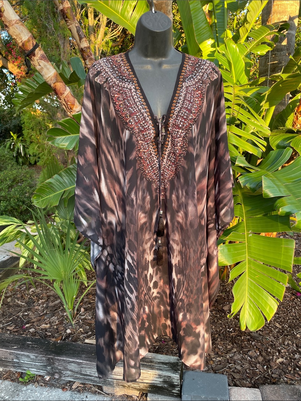 miracle suit beaded leopard print calf tan swim cover-up with tassels